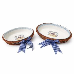 Vintage 1995 Teamson Stoneware Baking Dish Set w Wicker Baskets Blue Gingham Bow